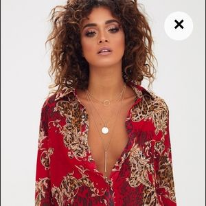 Red Baroque Print Chiffon Oversized Shirt